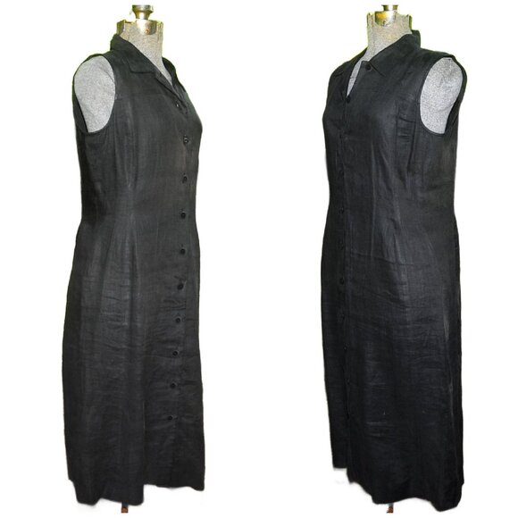 Women's Black Linen Button Front Sleeveless Midi Dress by Vivace Size 10 Unlined - Picture 4 of 7